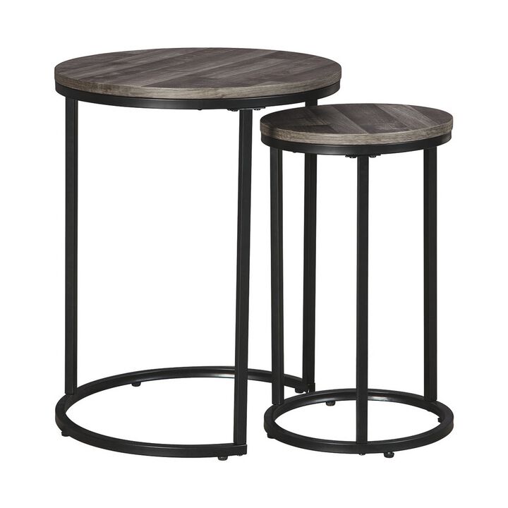 Round Wooden Top Metal Accent Table, Set of 2, Gray and Black-Benzara