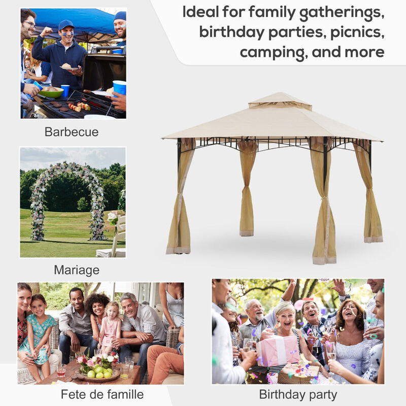 Breezy Backyard Canopy: 10'x10' Khaki Double-Vented Gazebo with Mesh Walls