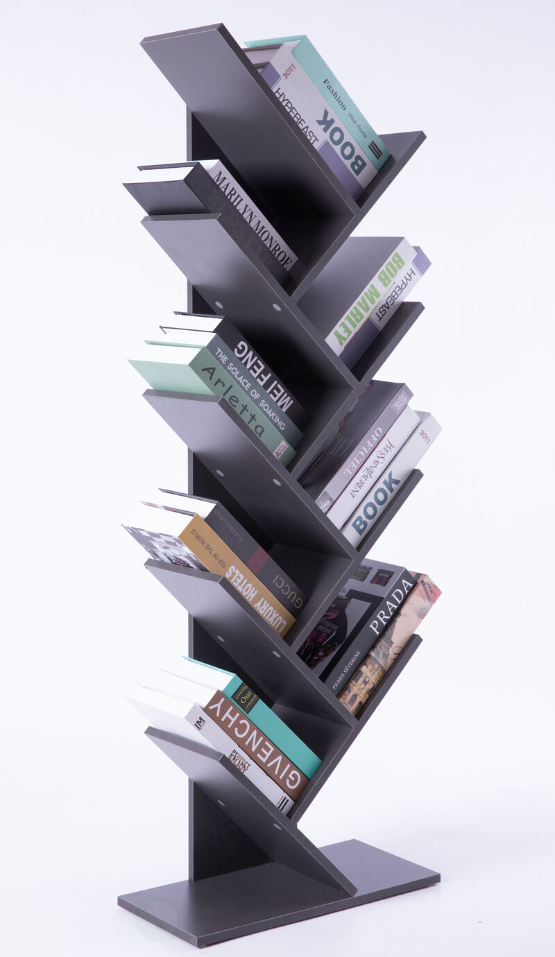 Wooden 9-Shelf Tree Magazine CD Storage Bookcase, Brown