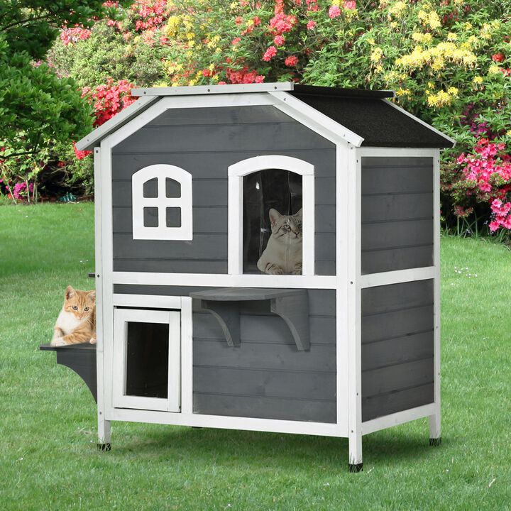 Grey Feline Fortress: 2-Story Wooden Outdoor Cat House with Escape Door