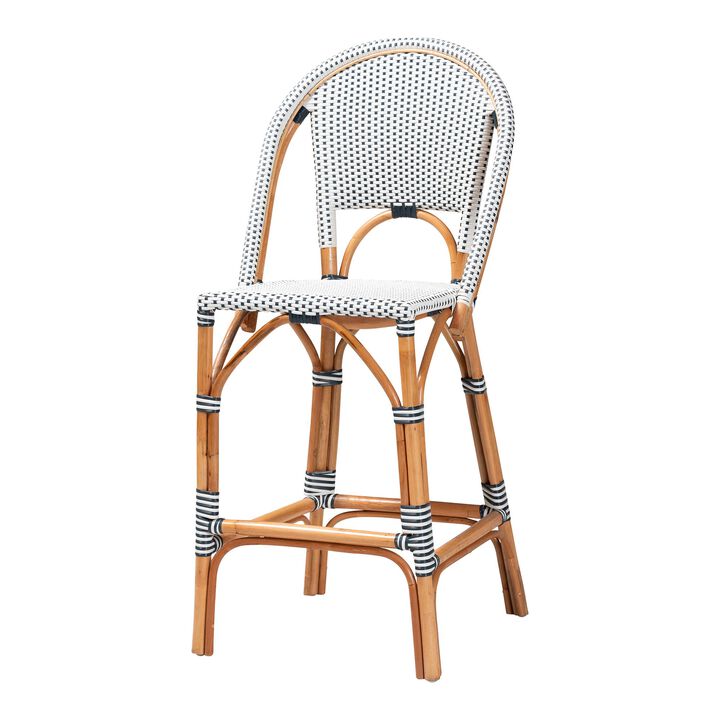 bali & pari Genica Classic French Two Tone Navy and White Weaving and Natural Rattan Bar Stool