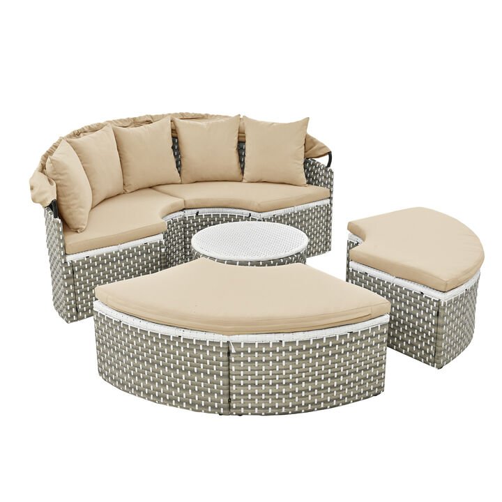 Merax Patio Furniture Round Outdoor Sectional Sofa Set Rattan Daybed