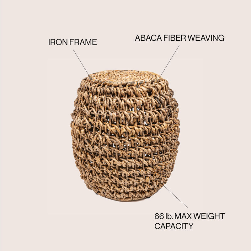 Sage Rustic Bohemian Barrel-Style Abaca/Iron Handwoven Stool