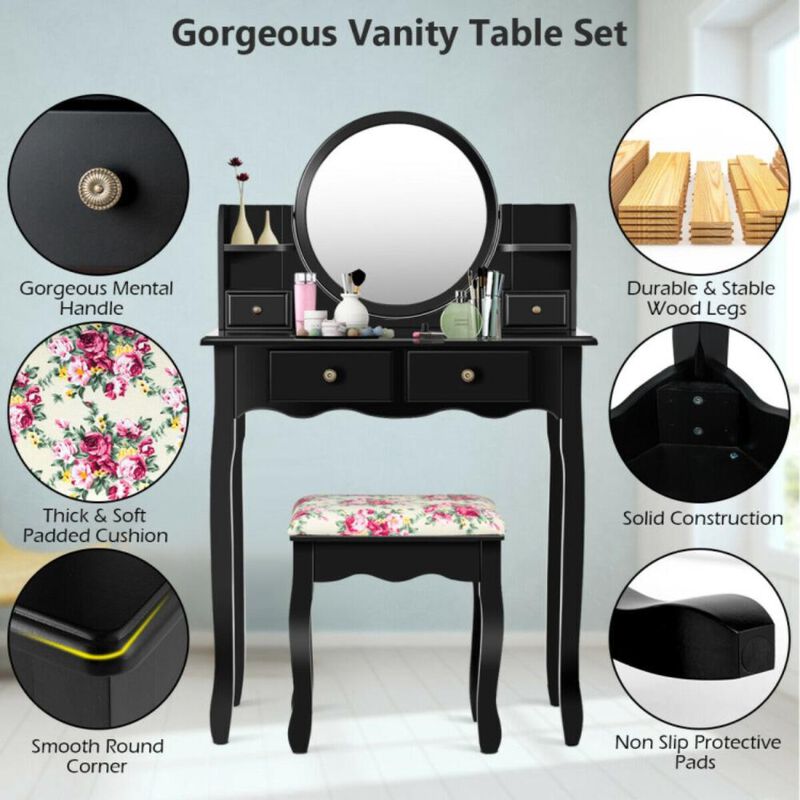 Hivvago Makeup Vanity Table Set Girls Dressing Table with Drawers Oval Mirror