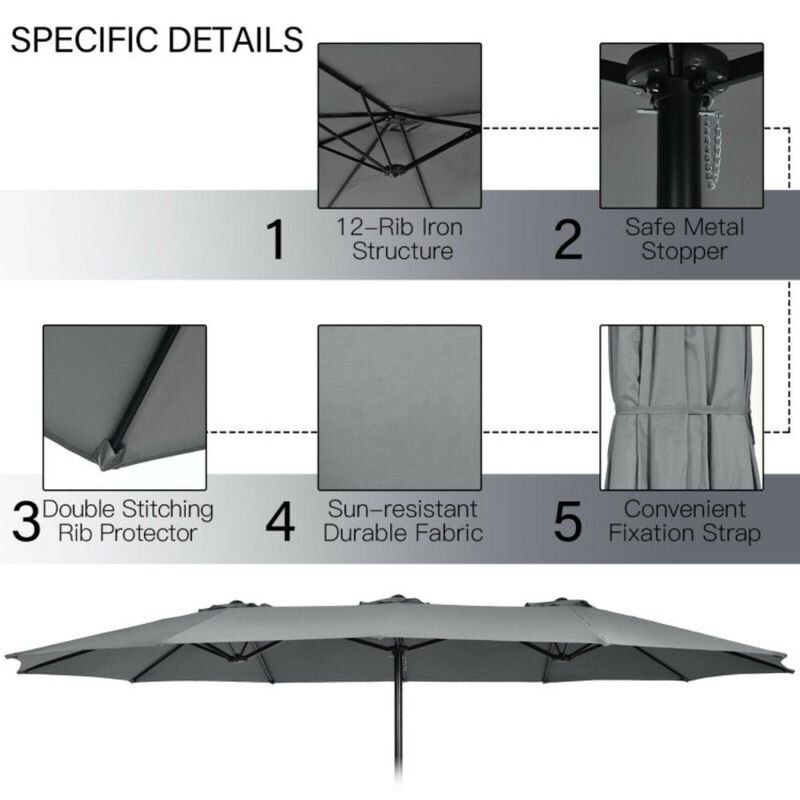 Hivvago 15 Feet Double-Sided Twin Patio Umbrella with Crank and Base