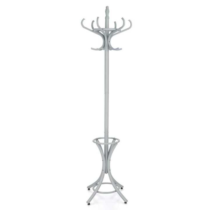 Hivvago Wooden Standing Coat Rack Tree with 12 Hooks and Umbrella Stand