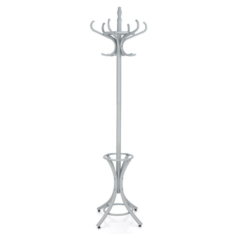 Hivvago Wooden Standing Coat Rack Tree with 12 Hooks and Umbrella Stand