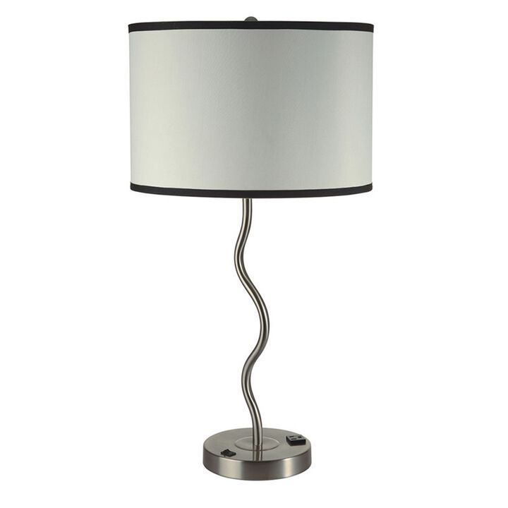 29 Inch Round Drum Shade Table Lamp, Curved Tubular Frame, Silver-Benzara