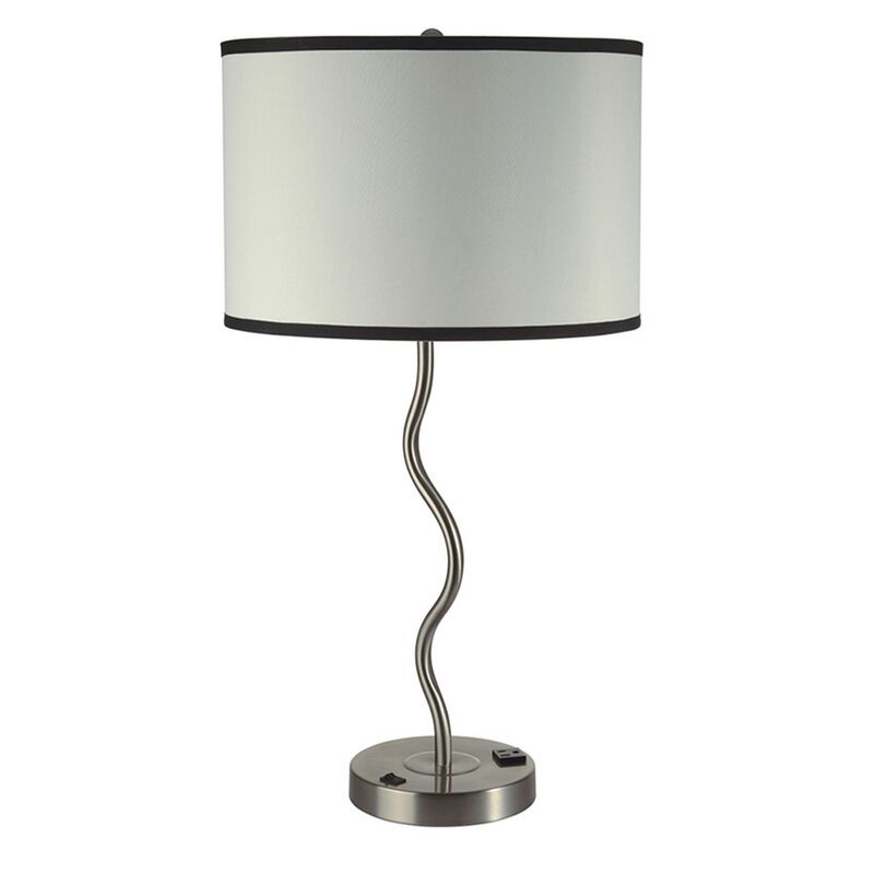 29 Inch Round Drum Shade Table Lamp, Curved Tubular Frame, Silver-Benzara