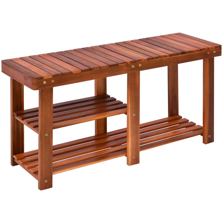 Teak Entryway Organizer: 3-Tier Acacia Wood Shoe Storage Bench