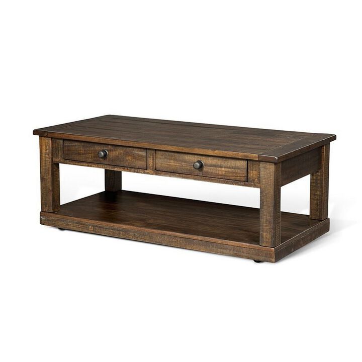 Flint Coffee Table, 2 Drawers, Shelf, Dark Brown Mahogany, 48 Inch - Benzara