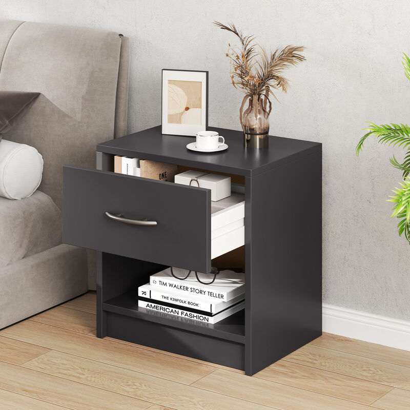 Bedside Table Nightstand with Drawer and Open Storage Shelf