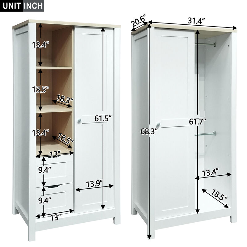 Modern Farmhouse Wardrobe with Sliding Door, Drawers, and Shelves