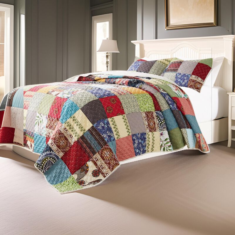 Lily 2 Piece Twin Quilt Set with Pillow Sham, Multicolor Patchwork - Benzara