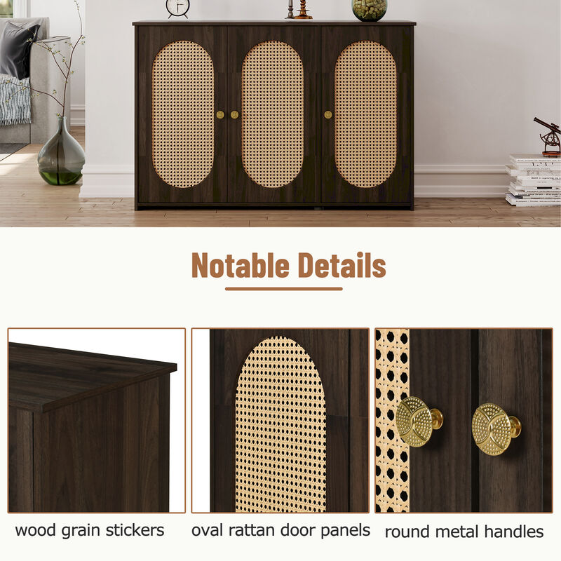 Clihome Retro 3-Door Sideboard with Large Storage Space Artificial Rattan Doors and Metal Handles, Accent Cabinet for Living Room and Hallway (Brown)