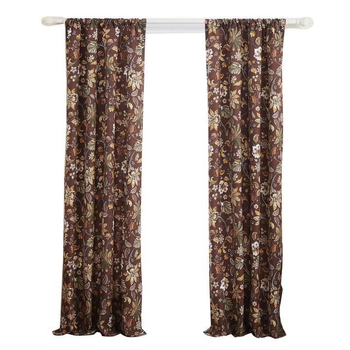 Athens 84 Inch Window Panel Curtain, Brown Microfiber Polyester, Jacobean - Benzara