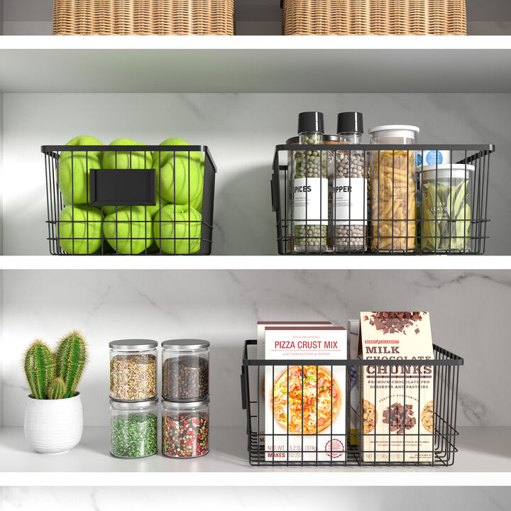 Oceanstar Metal Wire Organizer Bin Basket with Card Holder, Set of 3, Black