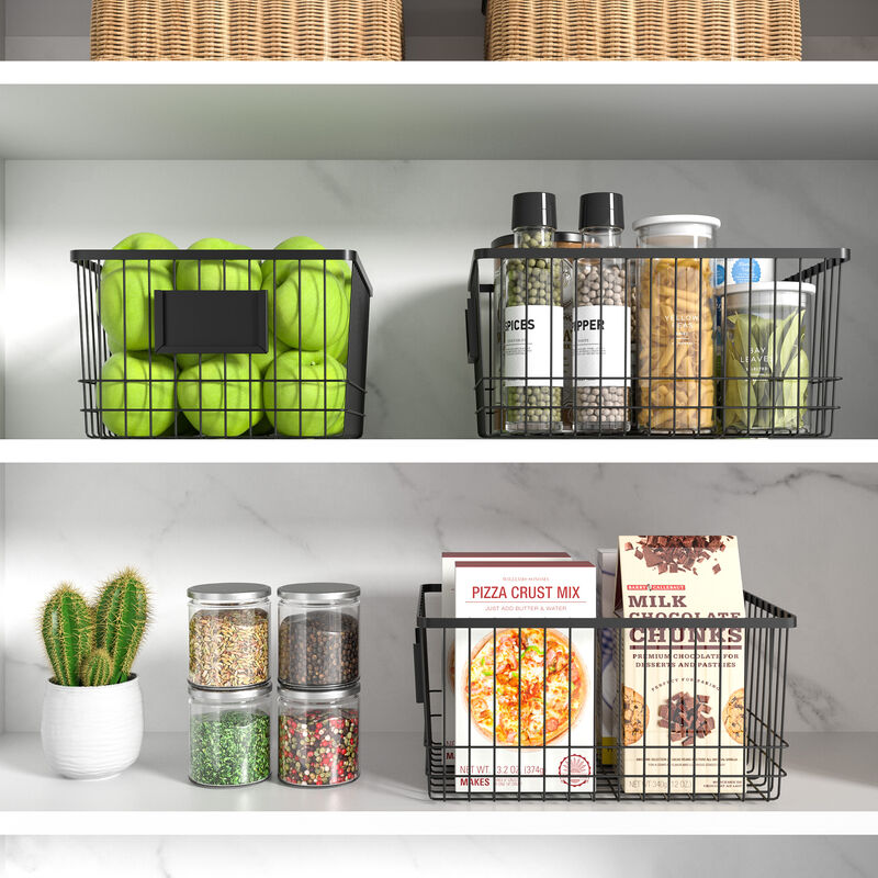 Oceanstar Metal Wire Organizer Bin Basket with Card Holder, Set of 3, Black