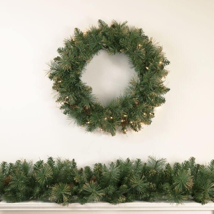 Pre-Lit Yorkshire Pine Artificial Christmas Wreath  24-Inch  Clear Lights