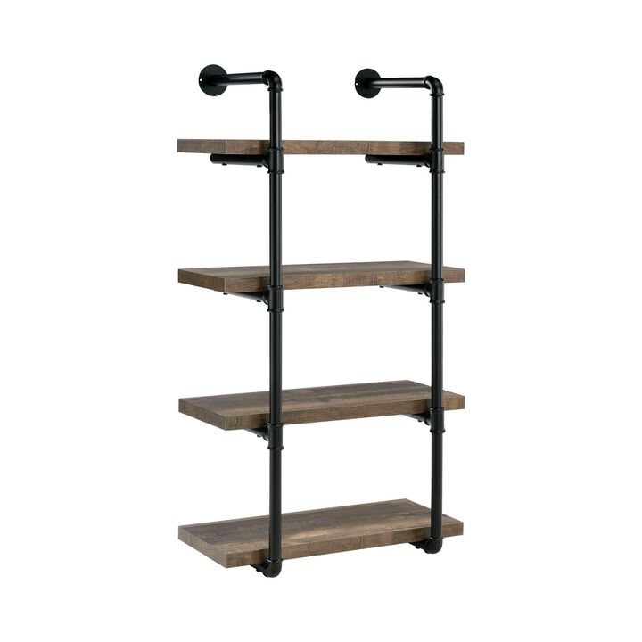 Wall Shelf with 4 Shelves and Piped Metal Frame, Brown and Black-Benzara