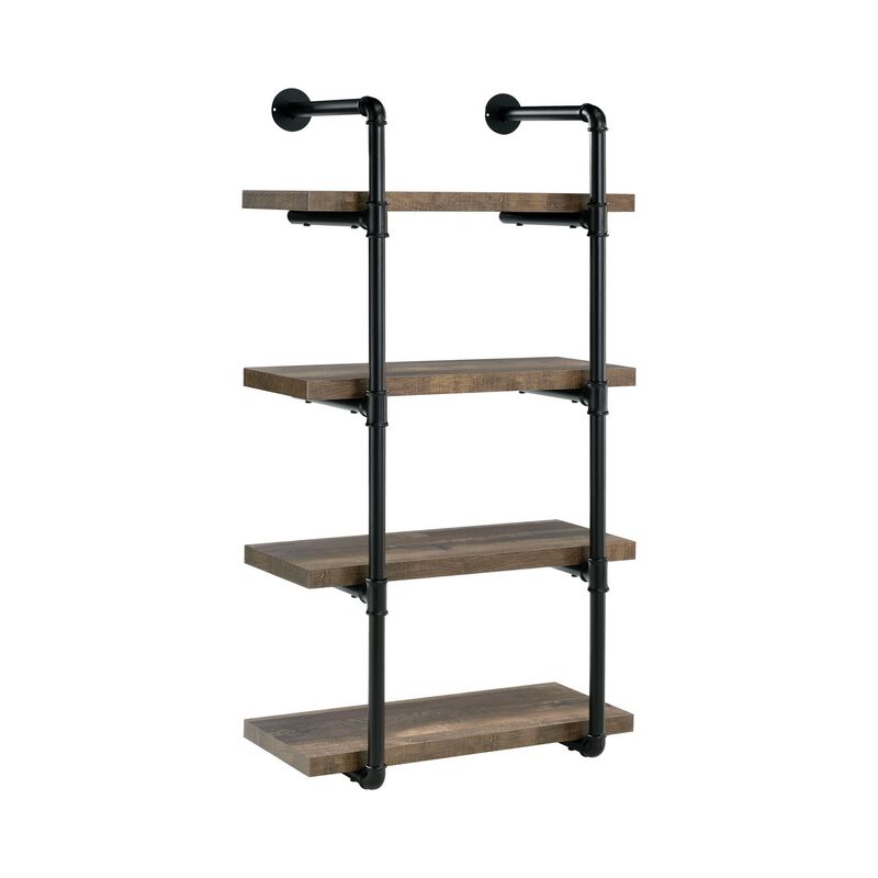 Wall Shelf with 4 Shelves and Piped Metal Frame, Brown and Black-Benzara