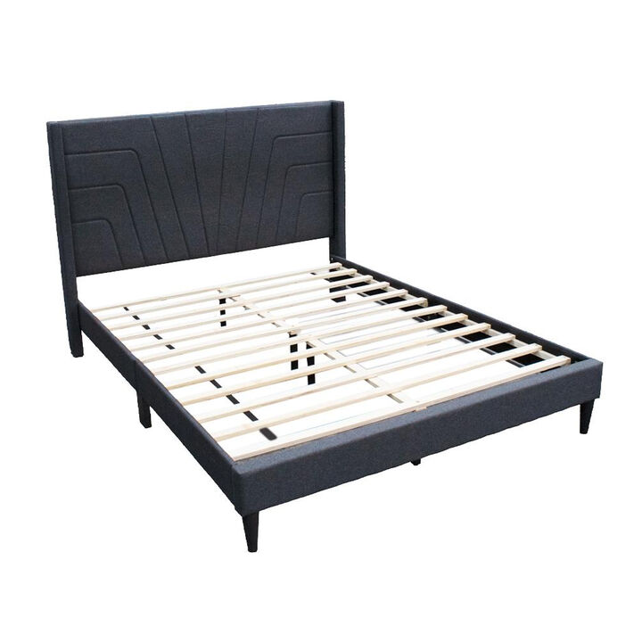 Nny Queen Size Bed with Tufted Headboard, Charcoal Burlap Upholstery, Wood - Benzara