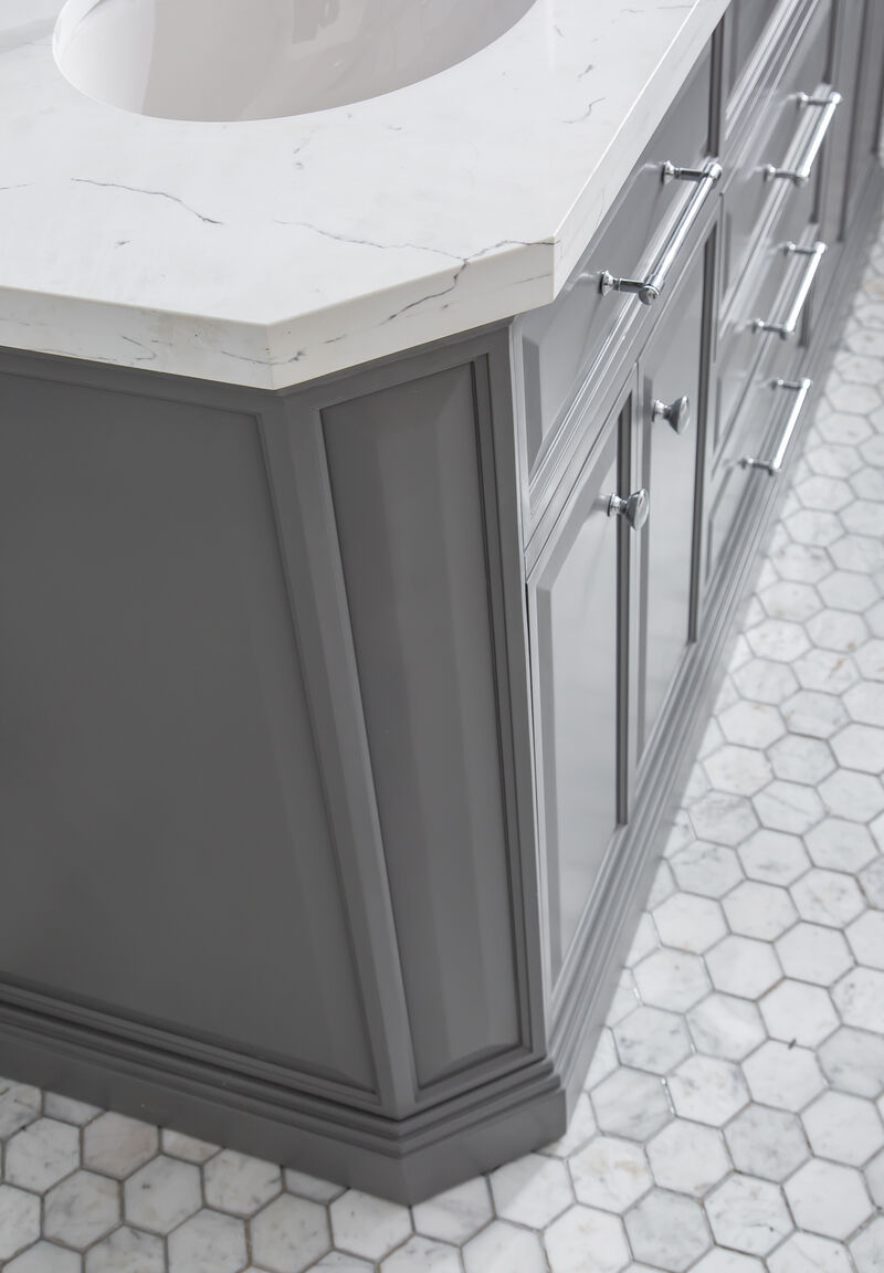 Palace 72 In. Double Sink Carrara Quartz Countertop Bath Vanity in Cashmere Grey with Chrome Hardware and Rectangular Pivot Mirrors
