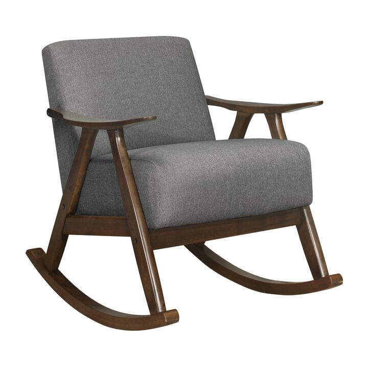 Tim 37 Inch Rocking Armchair, Gray Polyester, Walnut Brown Solid Wood - Benzara