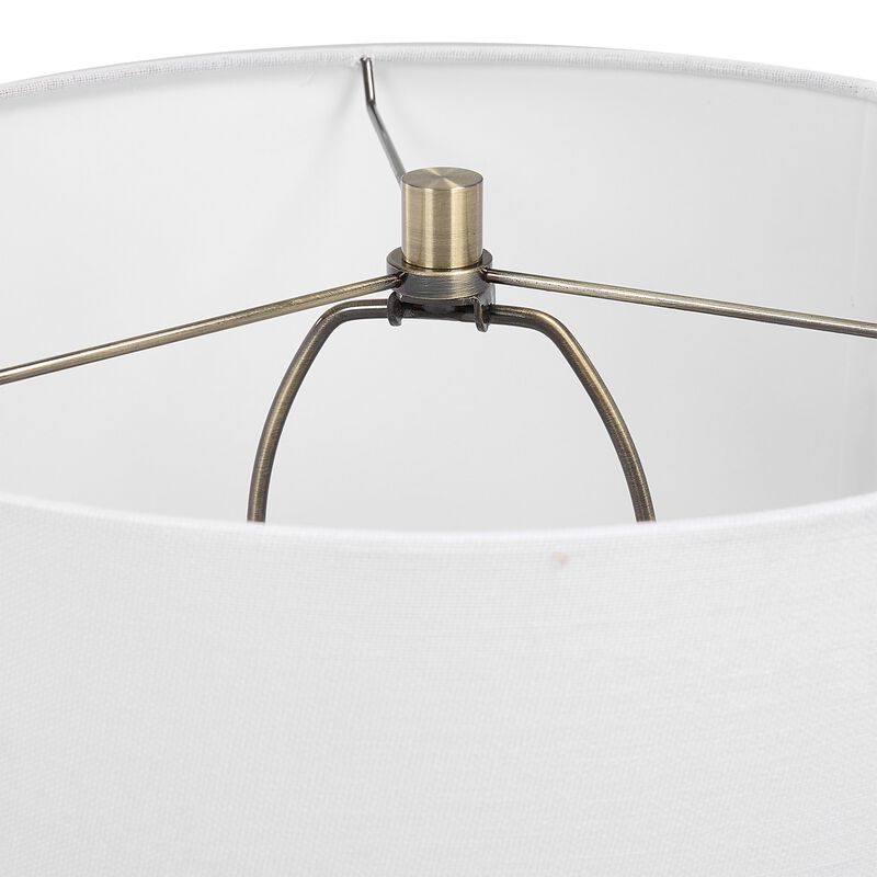 32 Inch Table Lamp, Slender Metal Body, White Drum Shade, Black, Gold - Benzara