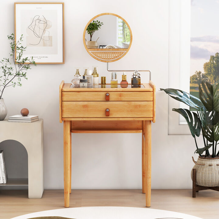 Wicker Makeup Vanity Table with Mirror with 2 Storage Drawers