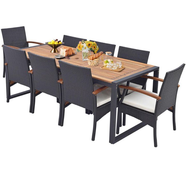 Hivvago 9 Pieces  Patio Rattan Dining Set with Acacia Wood Table for Backyard  Garden-Wood Handrail