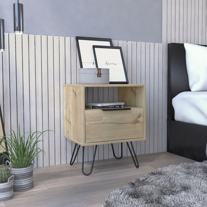 Streamdale Augusta Nightstand, Single Door Cabinet, Hairpin Legs - Light Oak