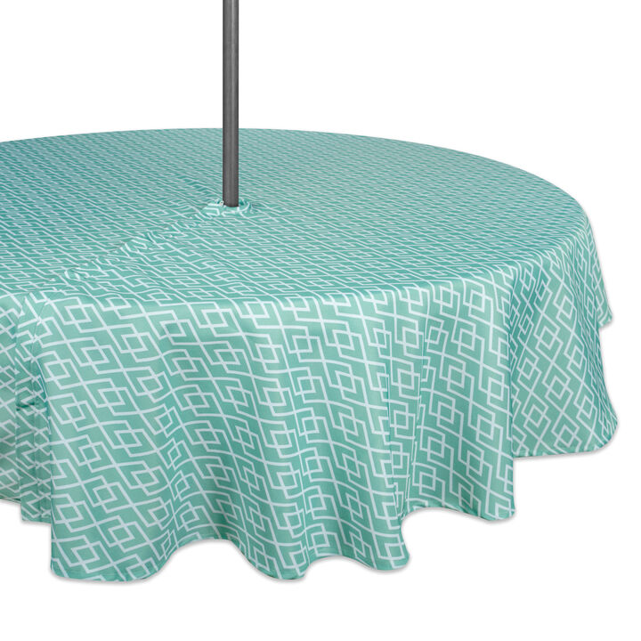 Aqua Green and White Diamond Pattern Outdoor Round Tablecloth with Zipper 60�