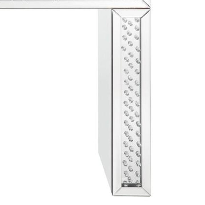 Mirror Accented Wood And Glass Vanity Desk With Faux Crystal Inlay, Silver-Benzara
