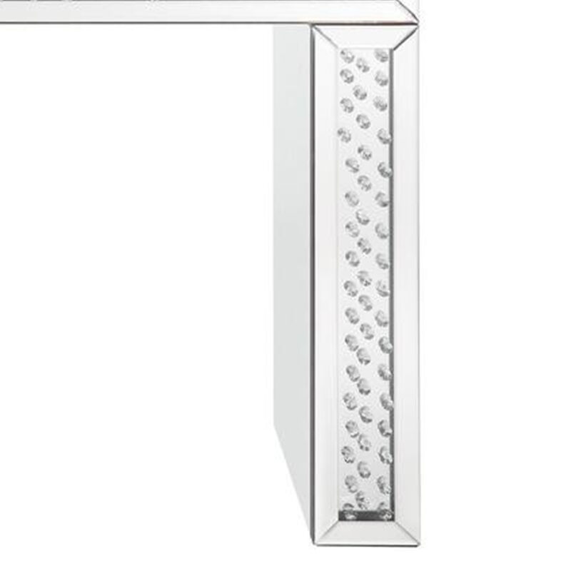 Mirror Accented Wood And Glass Vanity Desk With Faux Crystal Inlay, Silver-Benzara