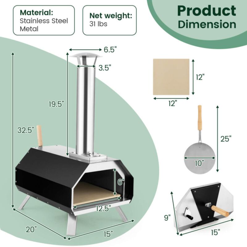 Hivvago Outdoor Pizza Oven with Pizza Stone and Foldable Legs for Camping-Black