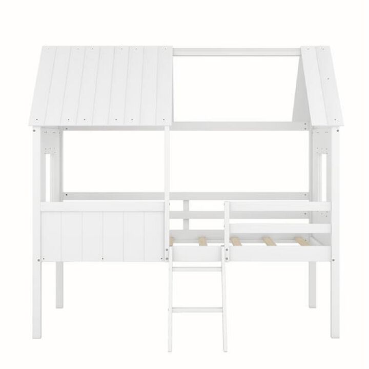 Wooden House Loft Bed with Two Side Windows, Low Loft Frame for Kids' Bedroom & Playroom
