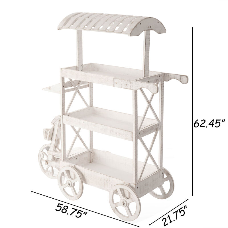 White Wood Decor Display Rack Mobile Food Cart with Wheels 3 Tier for Display, Wood Wagon with Shelves for Food and More