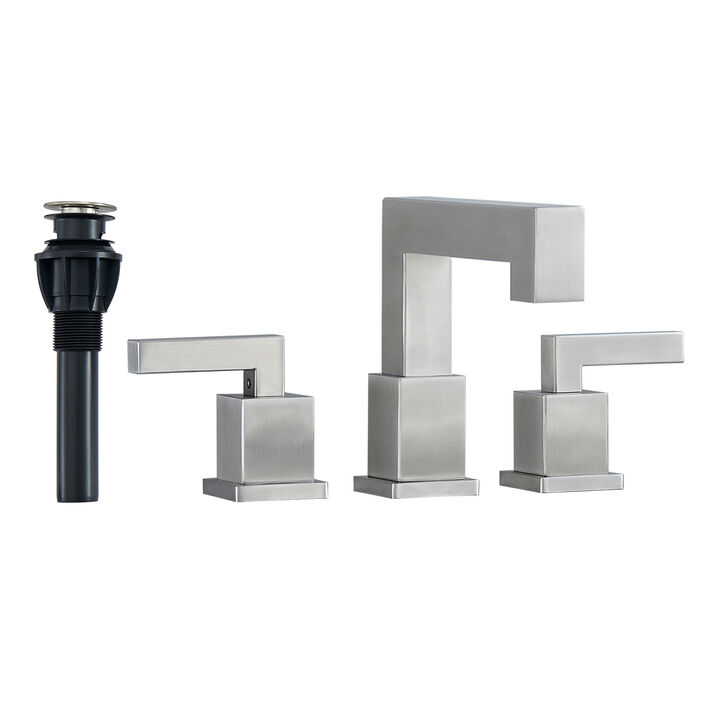 Modern  Brushed Nickel Waterfall Bathroom Faucet, 3-Hole Vanity Sink Faucet with Pop-Up Drain & Lead-Free Hose