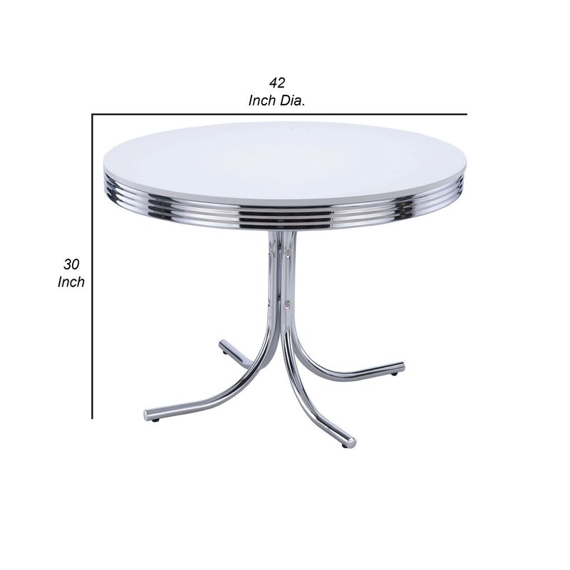 Loy 42 Inch Round Dining Table, Glossy White Wood Top, Ribbed Chrome Apron - Benzara