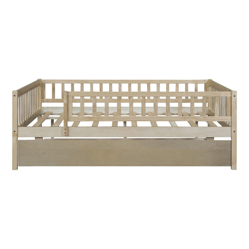 Full Size Wood Daybed With Trundle And Fence Guardrails