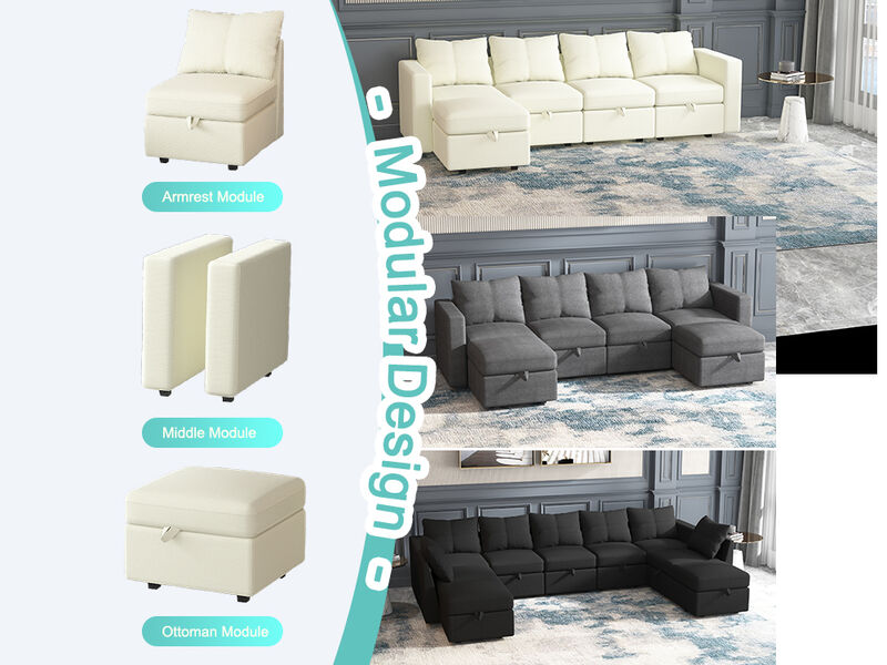 Livelylodge Modular 3-Seat Sofa with Wooden Frame and Pull-Out Bed,  Convertible Sectional Sofa for Living Room, Available in Black, White, and Gray 85" L x 30.5" W x 34" H.