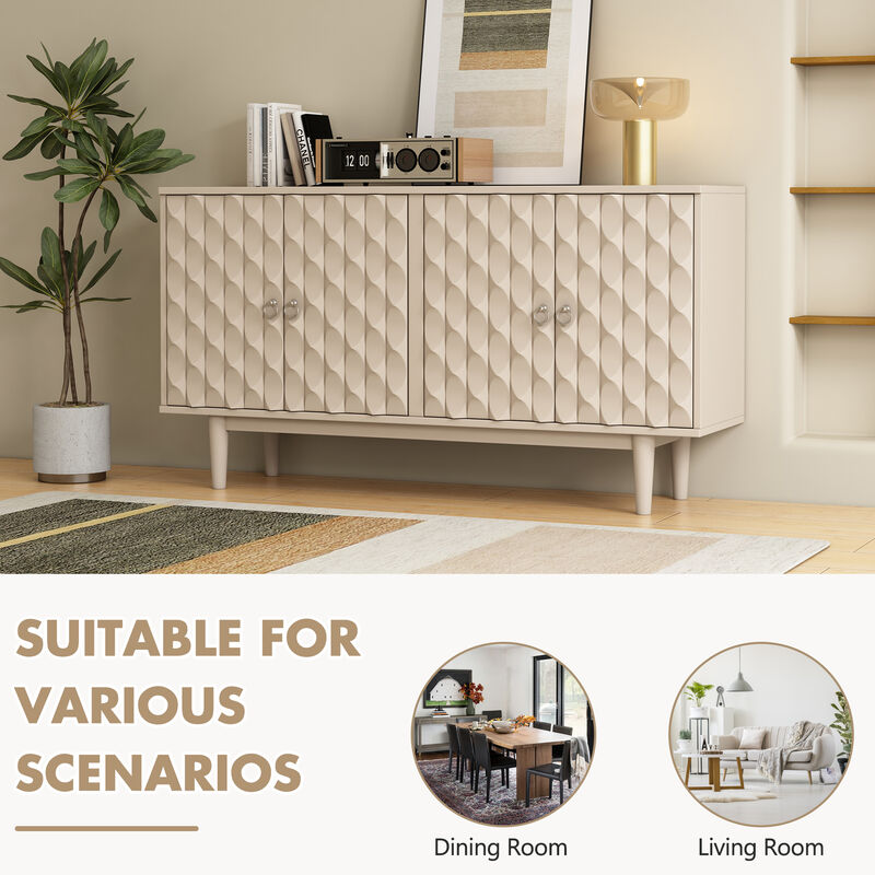 Clihome Modern 4-door Sideboard with Convex Pattern Doors and 2 Silver Handle for Living Room, Dining Room, Kitchen (Almond)