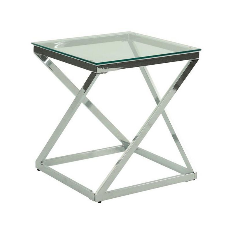 Gen Coffee and End Table Set of 3, Tempered Glass Top, Chrome Metal Base - Benzara