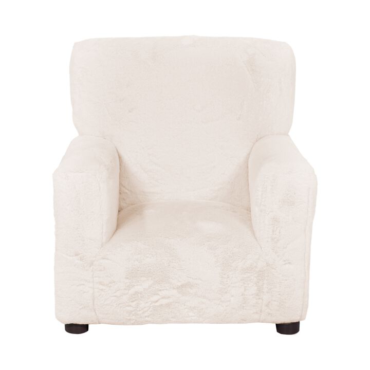 Tye 19 Inch Kids Sofa Chair, White Soft Faux Fur Padded Seat, Round Legs - Benzara