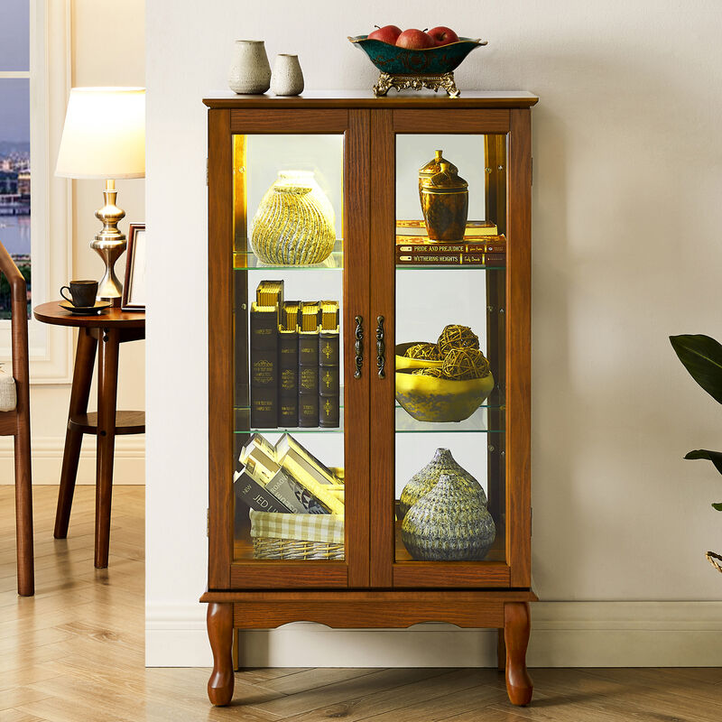 Curio Cabinet Lighted Display Cabinet with Adjustable Glass Shelves and Mirrored Back Panel