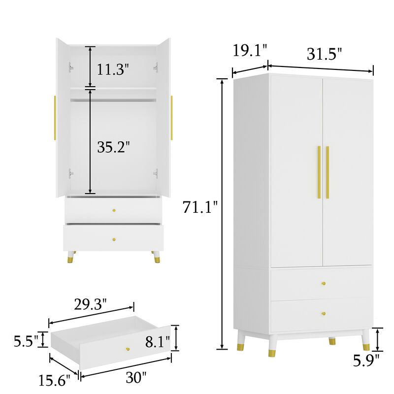 2-Drawers Kids Armoires Wardrobe With Hanging Rods, Drawers, Shelves (19.1 in. D x 31.5 in. W x 71.1 in. H)