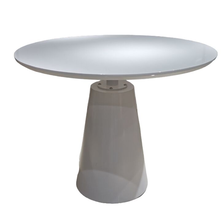 42 Inch Dining Table, Lacquer Round Tabletop, Pedestal Metal Base, White - Benzara
