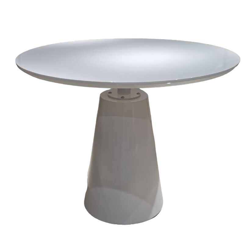 42 Inch Dining Table, Lacquer Round Tabletop, Pedestal Metal Base, White - Benzara
