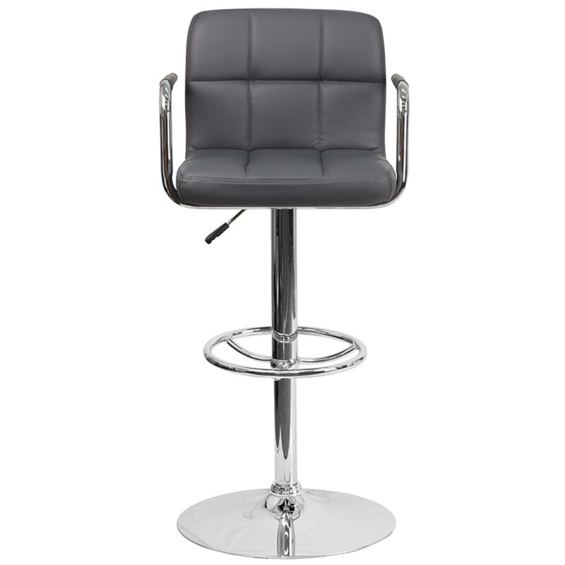 Flash Furniture Contemporary Gray Quilted Vinyl Adjustable Height Barstool with Arms and Chrome Base